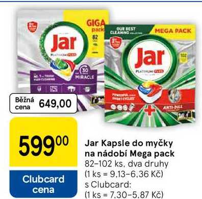 Jar Kapsle do myčky na nádobí Mega pack, 82-102 ks, dva druhy Tesco