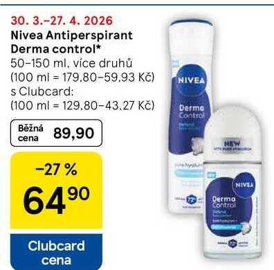 Nivea Antiperspirant Derma control, 50-150 ml, více druhů Tesco