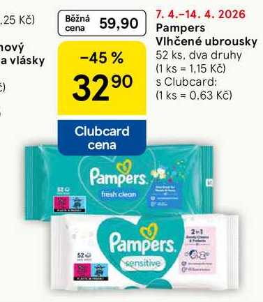Pampers Vlhčené ubrousky, 52 ks, dva druhy Tesco