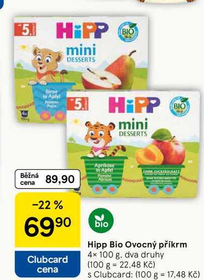 Hipp Bio Ovocný příkrm, 4× 100 g Tesco