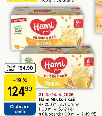Hami Mlíčko s kaší, 4x 250 ml, dva druhy Tesco