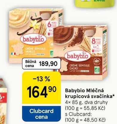 Babybio Mléčná krupicová svačinka, 4x 85 g, dva druhy Tesco