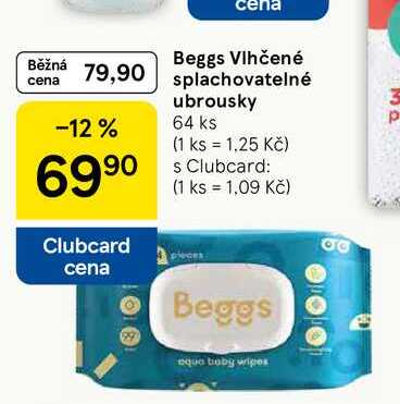 Beggs Vlhčené splachovatelné ubrousky, 64 ks 