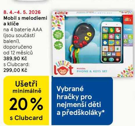 Mobil s melodiemi a klíče, na 4 baterie AAA (jsou součástí balení), doporučeno od 12 měsíců