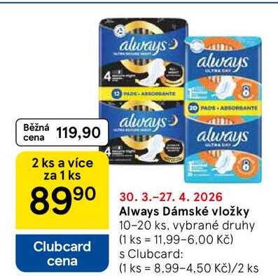 Always Dámské vložky, 10-20 ks, vybrané druhy Tesco