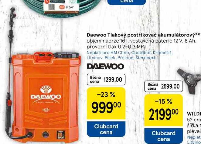 Daewoo Tlakový postřikovač akumulátorový, objem nádrže 16 l, vestavěná baterie 12 V. 8 Ah. provozní tlak 0.2-0.3 MPa
