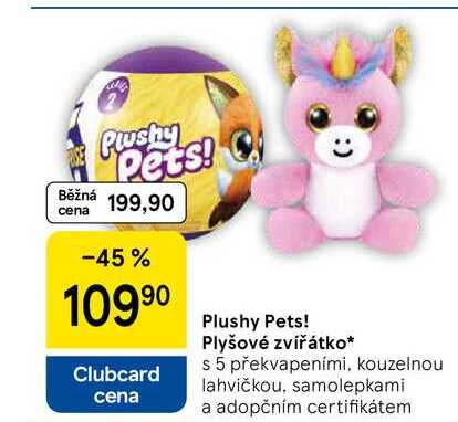 Plushy Pets! Plyšové zvířátko, s 5 překvapeními, kouzelnou lahvičkou, samolepkami a adopčním Tesco