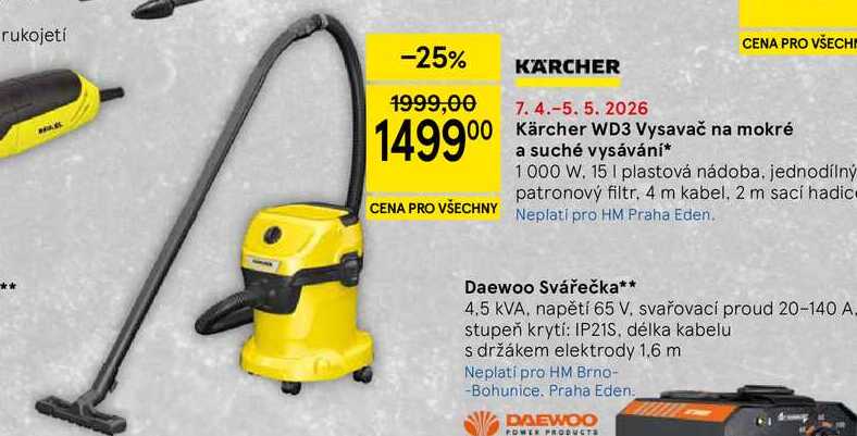 Kärcher WD3 Vysavač na mokré a suché vysávání, 1000 W. 15 I plastová nádoba, jednodílný patronový filtr, 4 m kabel, 2 m sací hadice  