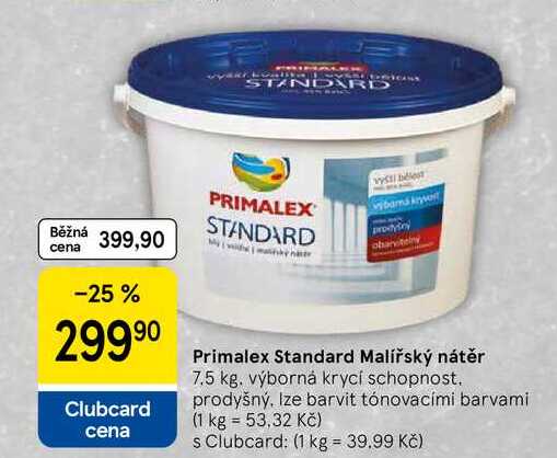Primalex Standard Malířský nátěr, 7.5 kg. výborná krycí schopnost. prodyšný. Ize barvit tónovacími barvami  