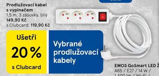 Prodlužovací kabel s vypínačem, 1,5 m. 3 zásuvky, bílý  