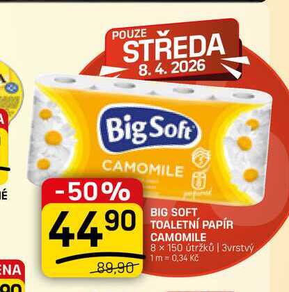 BIG SOFT TOALETNÍ PAPÍR CAMOMILE 8 x 150 útržků | 3vrstvý