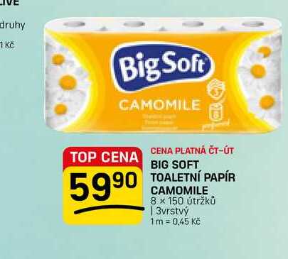 BIG SOFT TOALETNÍ PAPÍR CAMOMILE 8 × 150 útržků | 3vrstvý FLOP TOP