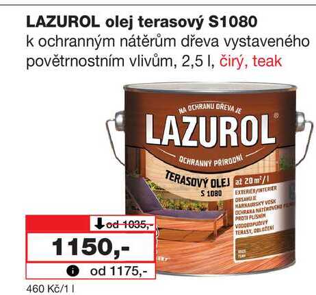 LAZUROL olej terasový $1080 k ochranným nátěrům dřeva vystaveného povětrnostním vlivům, 2,5l Barvy a laky drogerie 