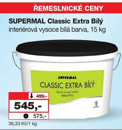ŘEMESLNICKÉ CENY SUPERMAL Classic Extra Bílý interiérová vysoce bílá barva, 15 kg 