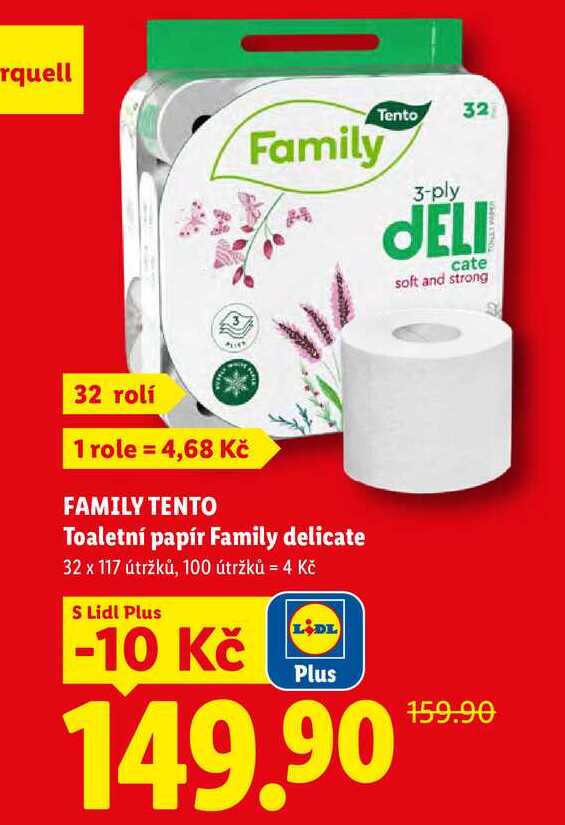 FAMILY TENTO Toaletní papír Family delicate, 32x 117 útržků Lidl