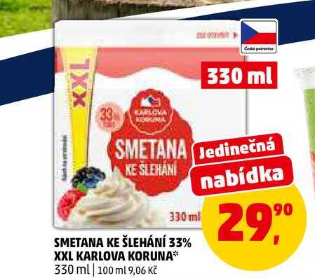 SMETANA KE ŠLEHÁNÍ 33% XXL KARLOVA KORUNA, 330 ml