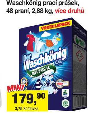 Waschkönig prací prášek, 48 praní, 2,88 kg Šlak