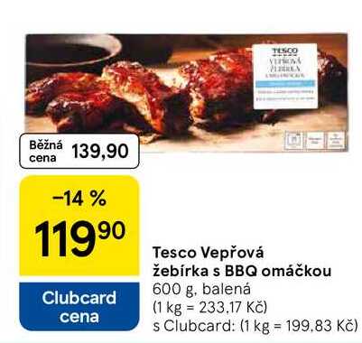 Tesco Vepřová Žebírka s BBQ omáčkou, 600 g, balená 