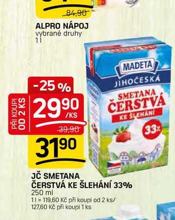 JČ SMETANA ČERSTVÁ KE ŠLEHÁNÍ 33% 250 ml