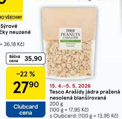 Tesco Arašídy jádra pražená nesolená blanšírovaná, 200 g 