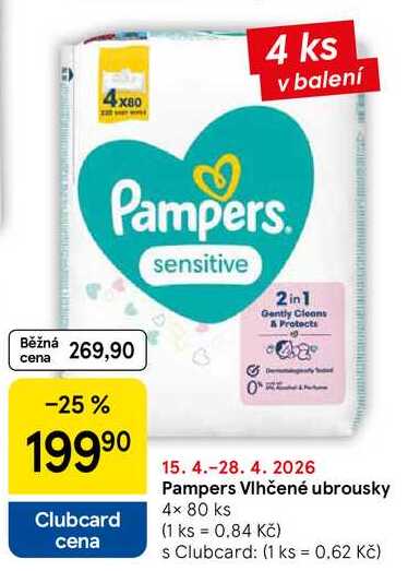 Pampers Vlhčené ubrousky, 4x 80 ks Tesco
