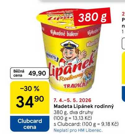 Madeta Lipánek rodinný, 380 g, dva druhy 