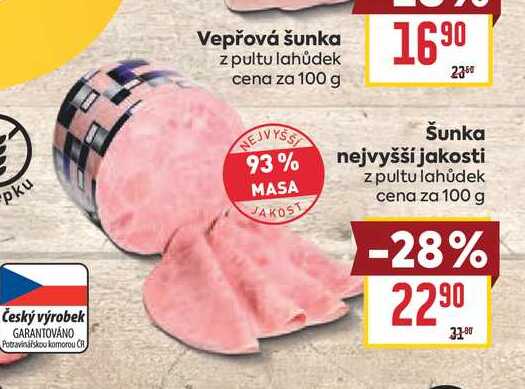 Šunka nejvyšší jakosti z pultu lahůdek cena za 100 g
