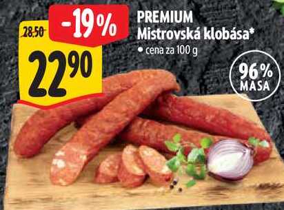 Mistrovská klobása, cena za 100 g 