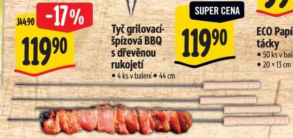 Tyč grilovací špízová BBQ s dřevěnou rukojetí, 4 ks 