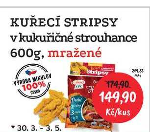 KUŘECÍ STRIPSY v kukuřičné strouhance 600g, mražené  