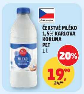 ČERSTVÉ MLÉKO 1,5% KARLOVA KORUNA PET, 1 l