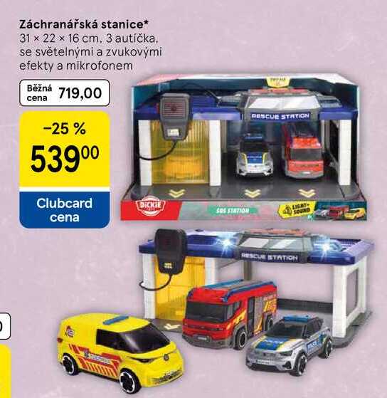 Záchranářská stanice, 31 x 22 x 16 cm. 3 autíčka. se světelnými a zvukovými efekty a mikrofonem Tesco