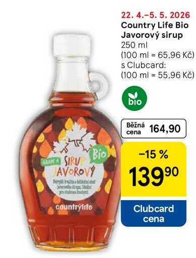 Country Life Bio Javorový sirup, 250 ml  