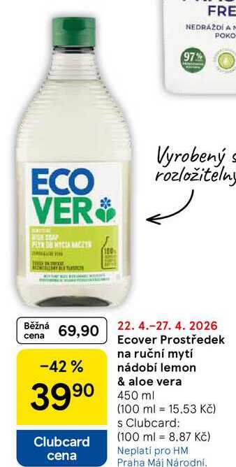 Ecover Prostředek na ruční mytí nádobí lemon & aloe vera, 450 ml Tesco