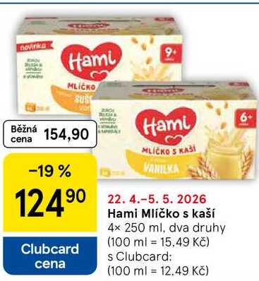Hami Mlíčko s kaší, 4x 250 ml, dva druhy Tesco