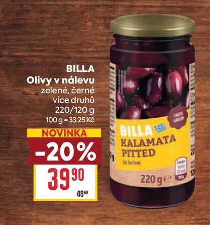 BILLA Olivy v nálevu zelené, černé více druhů 220/120 g