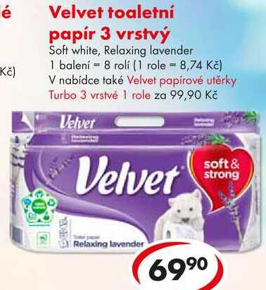 Velvet toaletní papír 3 vrstvý, 8 rolí CBA