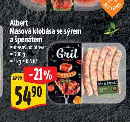 Albert Masová klobása se sýrem a špenátem  300 g