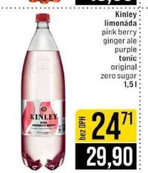 Kinley limonáda pink berry ginger ale purple tonic original zero sugar 1,5l