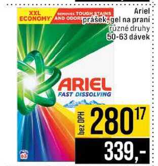 Ariel prášek gel na praní ruzné druhy 50-63 dávek