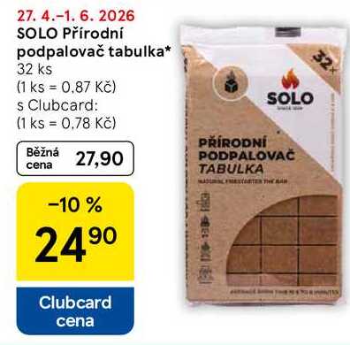 Přírodní podpalovač tabulka, 32 ks Tesco