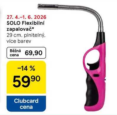 Solo Flexibilní zapalovač, 29 cm. plnitelný, více barev Tesco