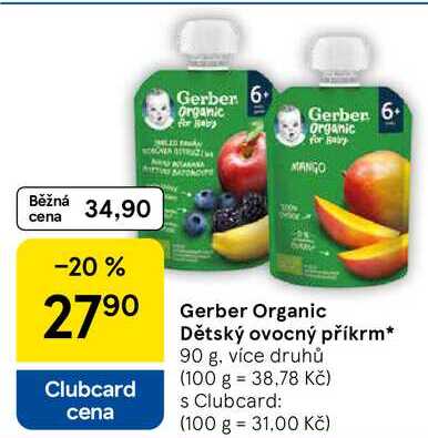 Gerber Organic Dětský ovocný příkrm, 90 g, více druhů Tesco