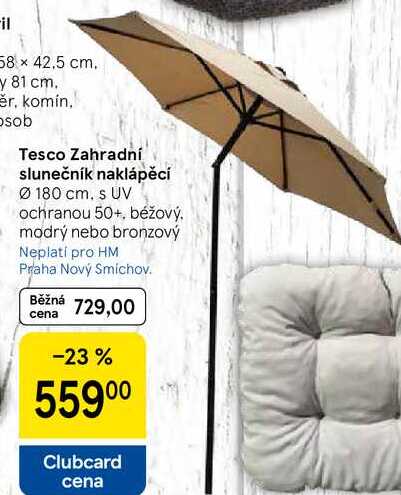 Tesco Zahradní slunečník naklápěcí, průměr 180 cm. s UV ochranou 50+, béžový. modrý nebo bronzový  