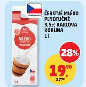 ČERSTVÉ MLÉKO PLNOTUČNÉ 3,5% KARLOVA KORUNA, 1 l 