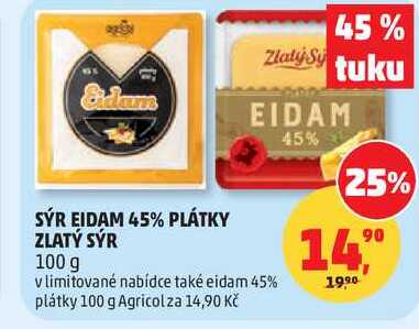 SÝR EIDAM 45% PLÁTKY ZLATÝ SÝR, 100 g 