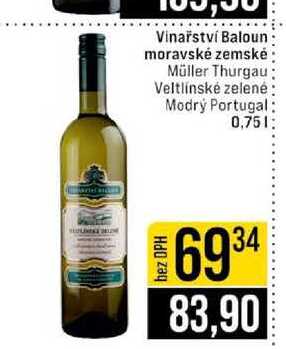 Vinařství Baloun moravské zemské Müller Thurgau Veltlínské zelené Modrý Portugal 0,75l