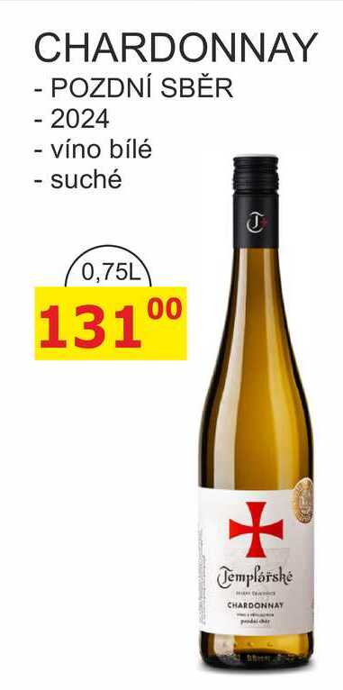 TEMPLÁŘSKÉ SKLEPY ČEJKOVICE 0,75L - CHARDONNAY POZDNÍ SBĚR - 2024 víno bílé suché 