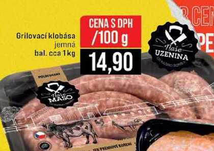 Grilovací klobása jemná bal. cca 1kg 100g