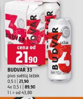 BUDVAR 33 pivo světlý ležák 0,5l 4x 0,5l